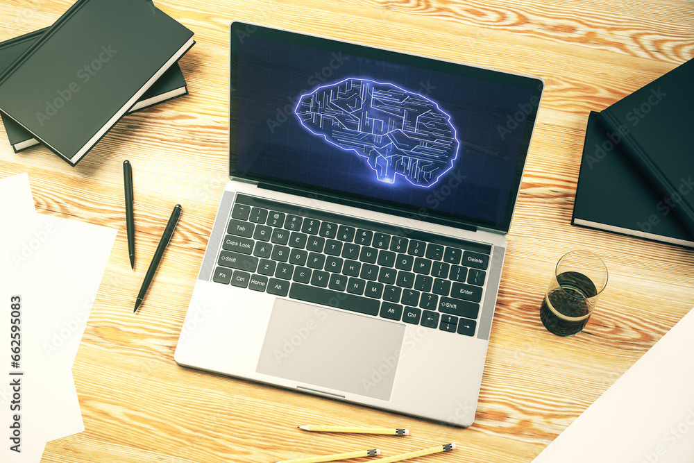 Leinwandbilder creative artificial intelligence concept with human brain sketch on modern laptop monitor. 3d render