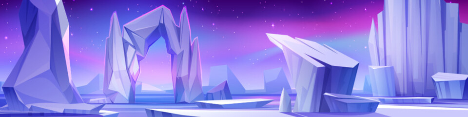 Polar night landscape with glaciers floating in sea and pink aurora borealis in sky. Cartoon vector cold arctic panoramic scenery with iceberg and northern lights. Drifting ice and snow blocks. © klyaksun