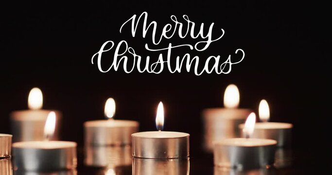 Animation of merry christmas text over lit tea candles on black background