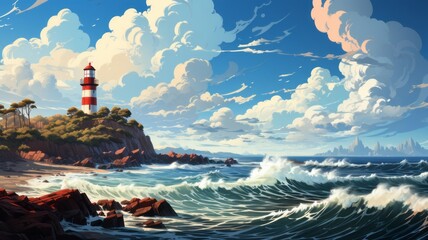 A lighthouse against a blue sky and sea as an illustration