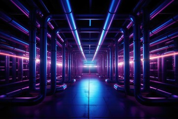 Fototapeta premium Labyrinth of pipes crisscross the dimly lit, underground chamber.