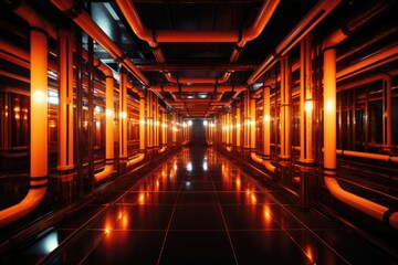 Labyrinth of pipes crisscross the dimly lit, underground chamber.