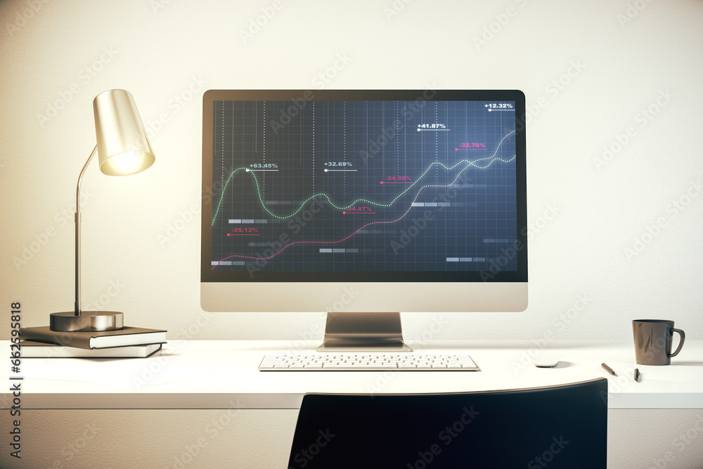 Poster modern computer screen with creative statistics data hologram, stats and analytics concept. 3d rende