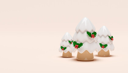 3d Christmas tree with holly berry leaves. merry christmas and happy new year, 3d render illustration
