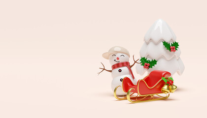 3d snowman with sleigh, pine tree,  hat, holly berry leaves, Jingle bell. merry christmas and happy new year, 3d render illustration