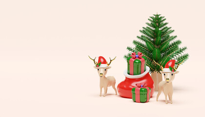 3d reindeer with pine tree, gift box, hat, bag. merry christmas and happy new year, 3d render illustration