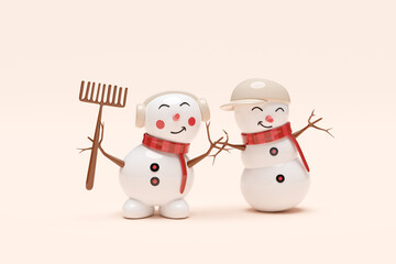 3d snowman and friend with hat, scarf, broom. merry Christmas and festive New Year, 3d render illustration
