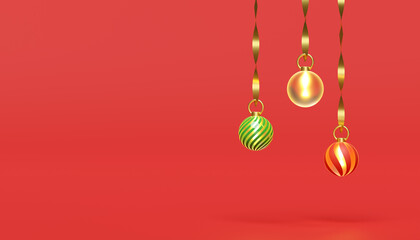 christmas ornaments with gold tinsel. merry christmas and happy new year, 3d render illustration