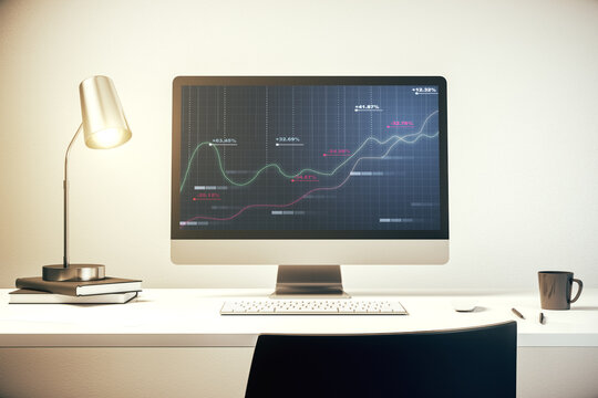 Modern computer screen with creative statistics data hologram, stats and analytics concept. 3D Rendering