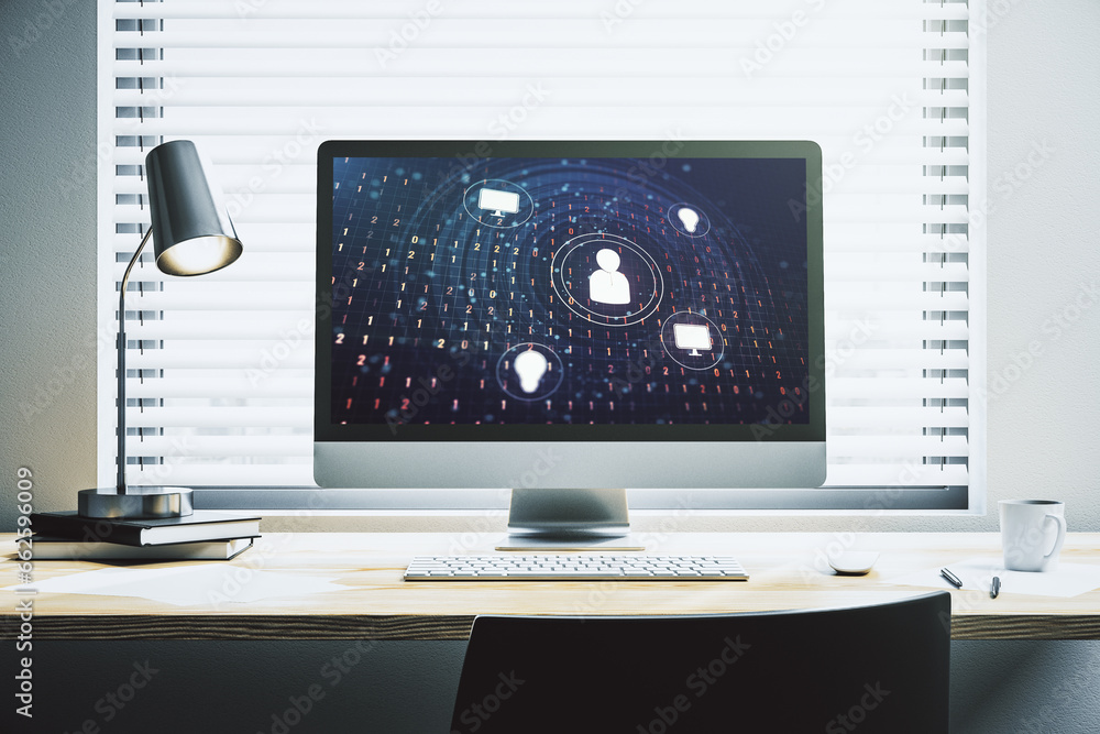 Poster modern computer monitor with social network icons concept. marketing and promotion concept. 3d rende