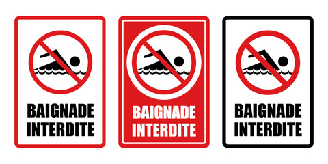 baignade interdite panneau interdiction fond rouge barr&eacute;