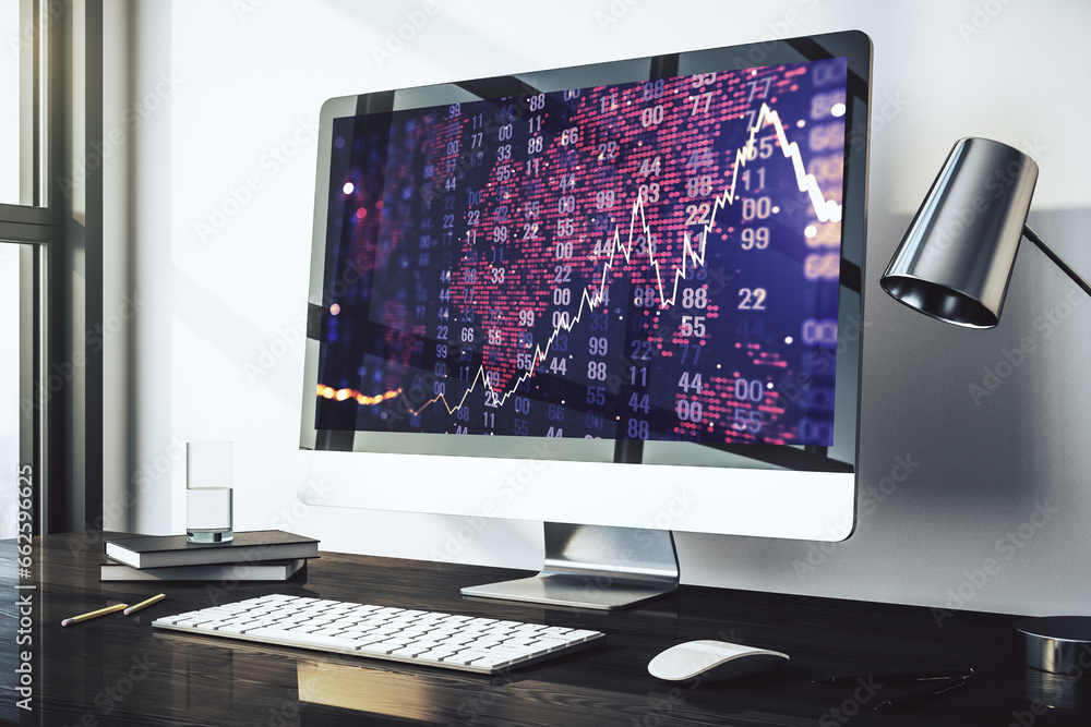 Poster modern computer monitor with abstract creative financial chart with world map, research and strategy