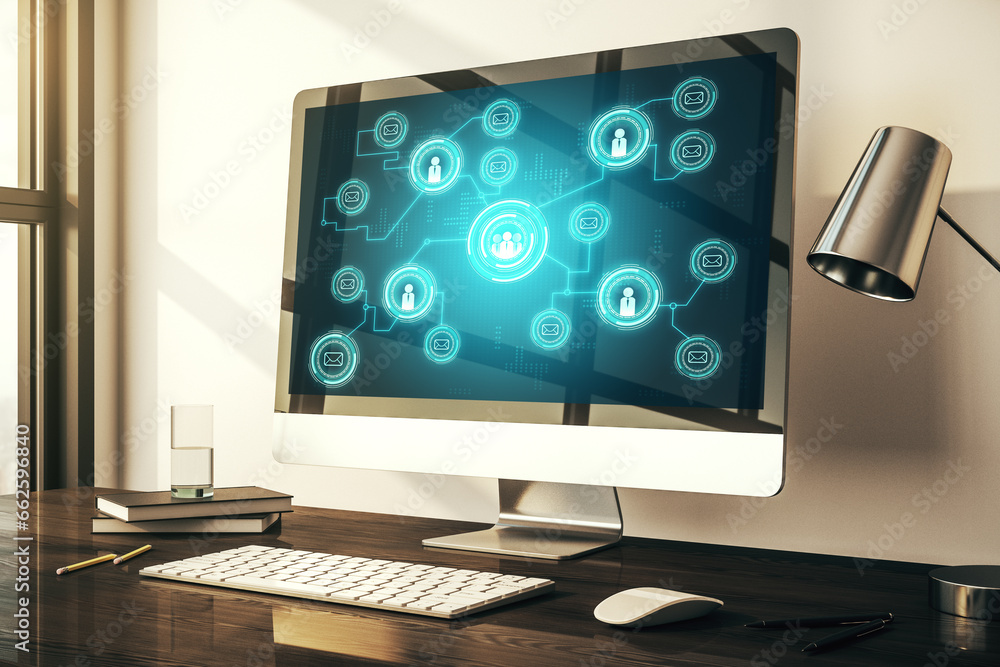 Poster Modern computer screen with social network media concept. 3D Rendering