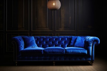 Royal blue velvet sofa indulges in sumptuous comfort with its deep, enveloping cushions. - obrazy, fototapety, plakaty