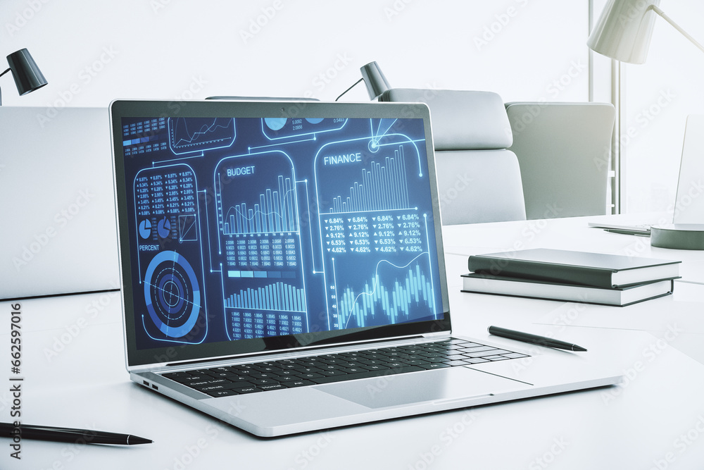 Poster stats data illustration on modern laptop monitor, computing and analytics concept. 3d rendering
