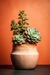minimalistic brown background with succulents, with empty copy space