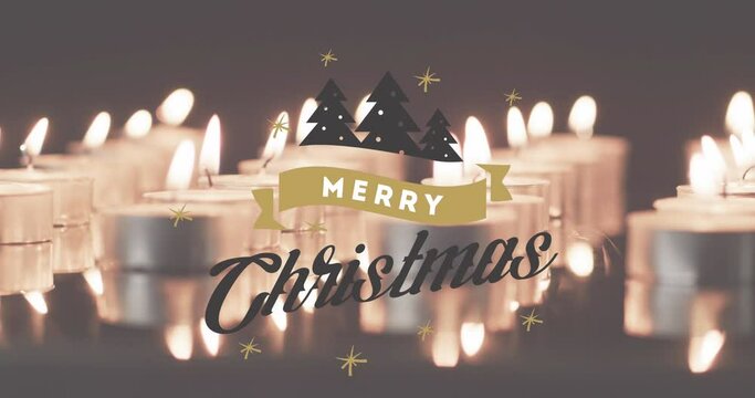 Animation of merry christmas text over lit tea candles background