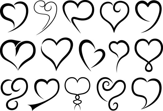Set of different line hearts isolated on white