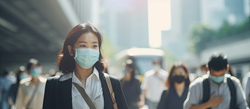 An Asian woman navigating a crowd of blurred business people wearing masks during rush hour in Bangkok transportation to prevent the spread of coronavirus With copyspace for text
