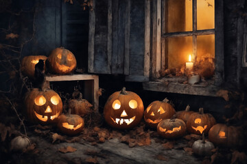 decoration for halloween holiday, pumpkins, jack on lantern on a windowsill, flying bats in night outside the window