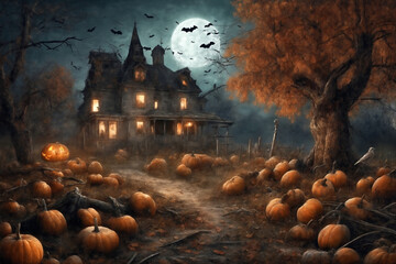halloween night, old house in mystical forest, around pumpkins and flying bats, big full moon in dark sky, scary and fabulous, dark magic