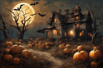 halloween night, old house in mystical forest, around pumpkins and flying bats, big full moon in dark sky, scary and fabulous, dark magic