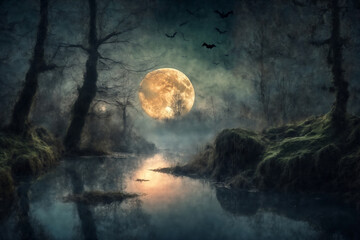 mystical forest on Halloween night, a big full moon in the dark sky reflected in river, roots, atmospheric and fairytale - obrazy, fototapety, plakaty