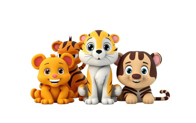 Obraz na płótnie Canvas Standing Tiger and Multiple Animals 3D Cartoon Isolated on Transparent Background PNG.