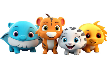 Colorful Multiple Animals 3D Cartoon Style Isolated on Transparent Background PNG.