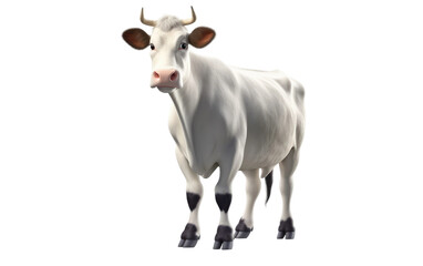 Standing Beautiful White Cow 3D Cartoon Style Isolated on Transparent Background PNG.