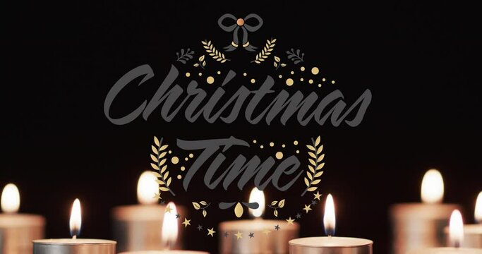 Animation of merry christmas time over lit tea candles background