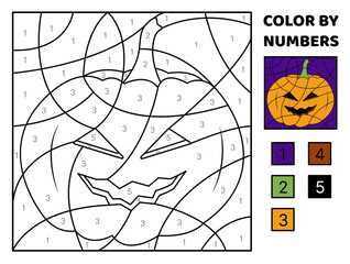 Pumpkin jack o lantern. Color by number. Halloween. Coloring page. Game for kids. Cartoon, vector