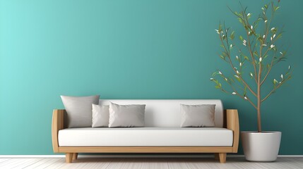 Fototapeta na wymiar a white couch is placed against a teal wall, in the style of nature inspired, light brown and teal, tranquil gardenscapes, minimalist backgrounds