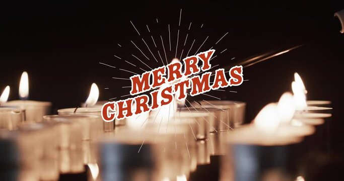 Animation of merry christmas text over lit tea candles background