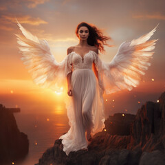 Beautiful young model of the shining angel on the sharp rock