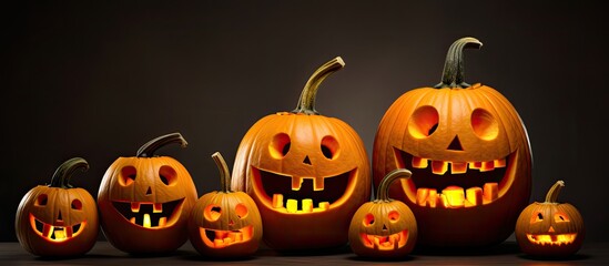 Family makes Jack O Lantern together using pumpkin With copyspace for text