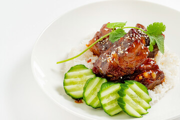 Rice topped with teriyaki sauce  and vegetables