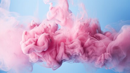 Stock image of pink smoke puffs over a blue background done in the manner of resin, juxtaposed imagery, and realistic hyper-detail