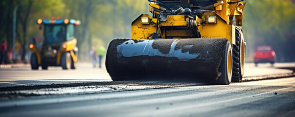 Steam roller is making a new road from asphalt - obrazy, fototapety, plakaty