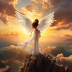 Woman fantasy angel, white descended from heaven. Girl fairy sexy costume silk long dress, huge white wings - 662599896