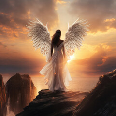 Woman fantasy angel, white descended from heaven. Girl fairy sexy costume silk long dress, huge white wings