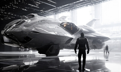 Futuristic spaceship parked in the hangar - obrazy, fototapety, plakaty