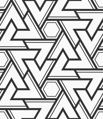 Vector seamless pattern. Geometric shapes pattern. Mosaics motif. Polygonal trellis on the base of triangular grid. Abstract seamless black and white vector background.