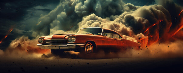 Vintage beautiful car in movement with amazing background - obrazy, fototapety, plakaty