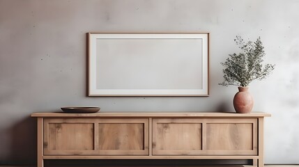 rustic wooden sideboard with frame open on wooden table on a gray wall photo, in the style of realistic hyper-detailed rendering, oriental minimalism, light white and light crimson