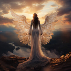 Girl angel with beautiful wings. She flies into the sky. Mountains in the background. - obrazy, fototapety, plakaty