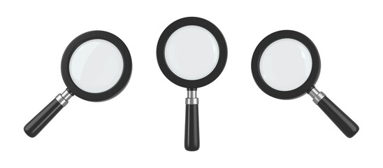 Set of black magnifying glass. Transparent loupe search icon for finding, reading, research, analysis or discovery concept. 3d rendering