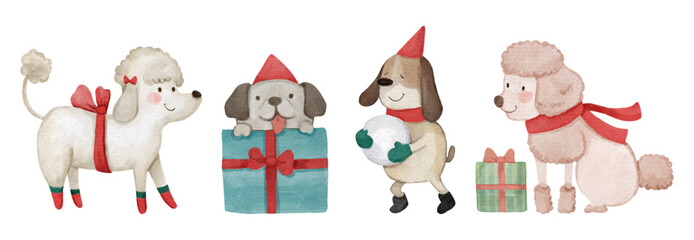 Dog with christmas costume . Watercolor paint cartoon characters . Set 5 of 6 . Vector .
