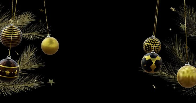 Black and gold baubles swinging on two christmas trees with gold stars on black, copy space