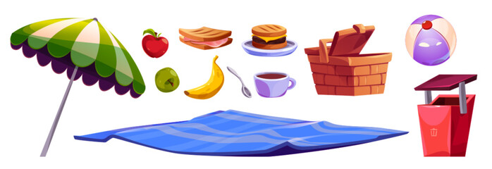 Food and equipment for picnic in park and open-air holidays. Cartoon vector illustration of fast meals ready to eat - sandwiches and fruits, wicker basket and inflatable ball, beach umbrella and rug.